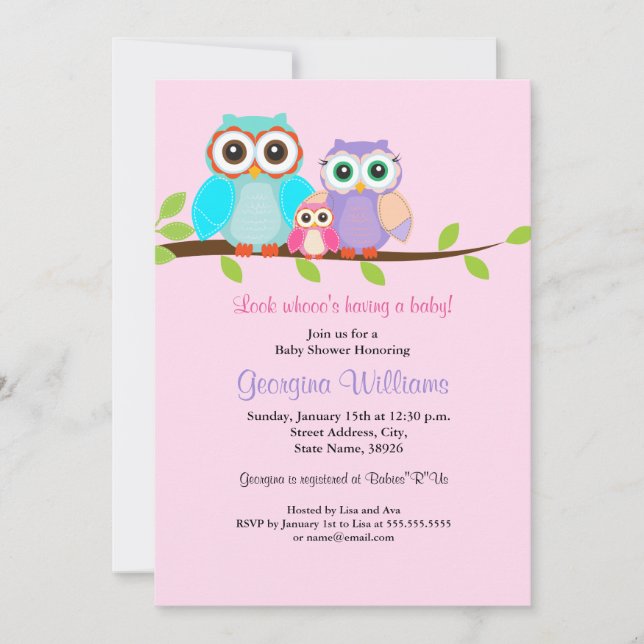 Cute Owl Girl Baby Shower Invitation Pink (Front)