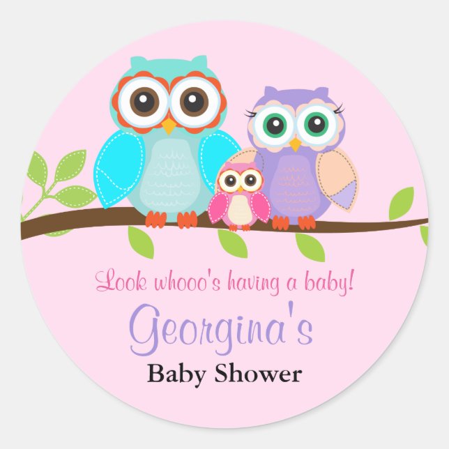 Cute Owl Girl Baby Shower Stickers (Front)