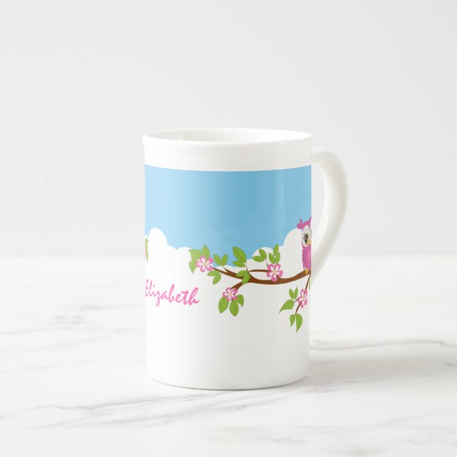 Cute Owl Girl on a Branch Bone China Mug (Front Right)