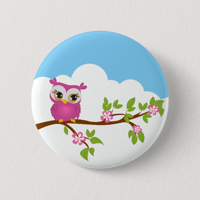 Cute Owl Girl on a Branch Button (Front)