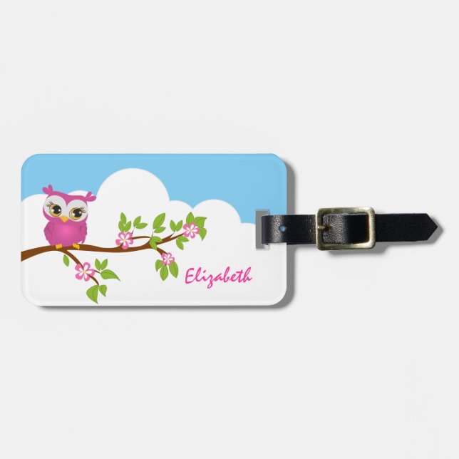 Cute Owl Girl on a Branch Luggage Tag (Front Horizontal)