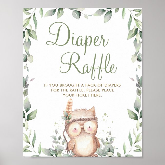 Cute Owl Greenery Baby Shower Diaper Raffle Sign (Front)