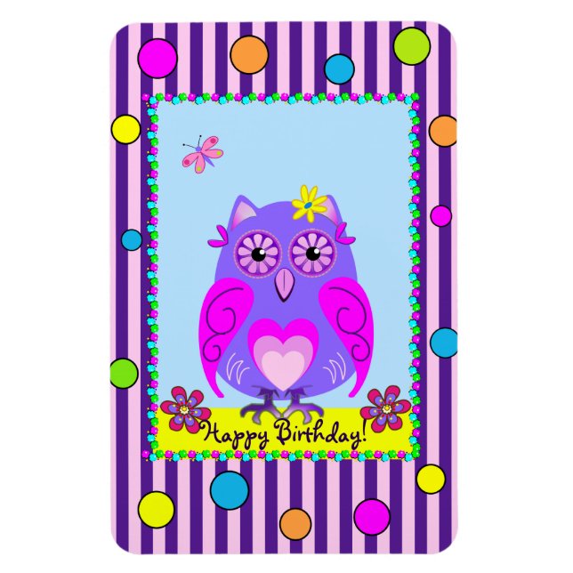 Cute Owl Happy Birthday text Photo Magnet (Vertical)