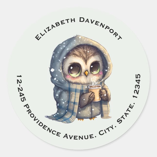 Cute Owl Holding a Coffee Address Classic Round Sticker (Front)