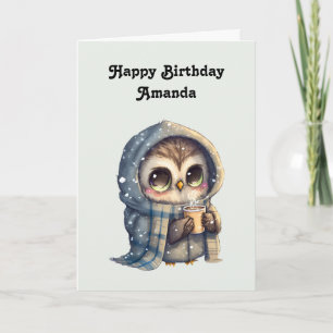 Cute Owl Holding a Coffee Birthday Card