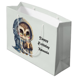 Cute Owl Holding a Coffee Birthday Large Gift Bag