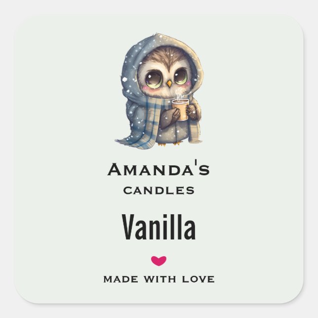 Cute Owl Holding a Coffee Candle Business Square Sticker (Front)