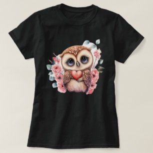 Cute Owl Holding Heart Amidst Colourful Floral  T-Shirt
