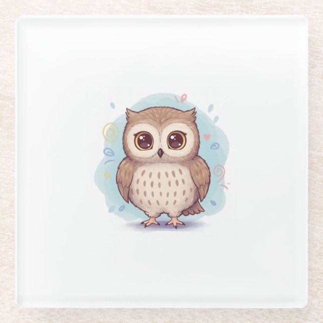 Cute owl illustration glass coaster (Front)