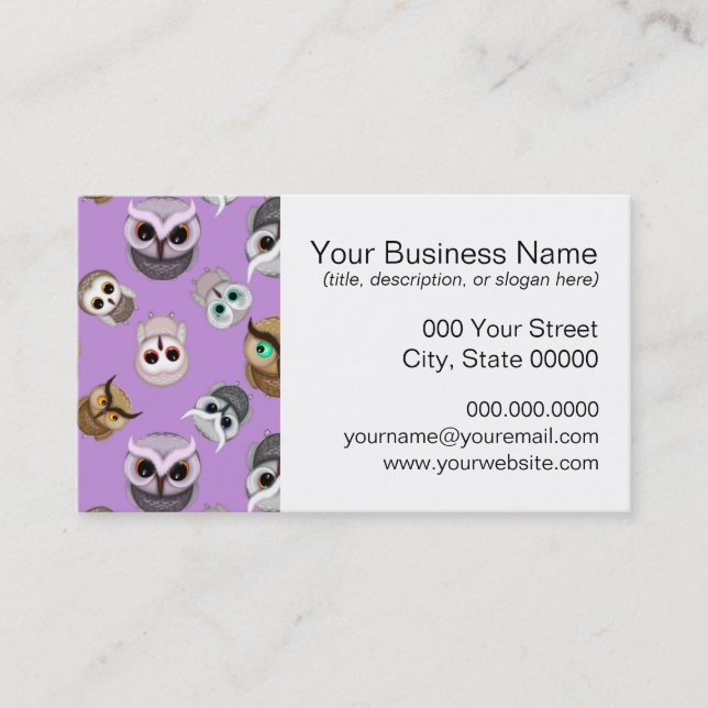 Cute Owl Illustration Pattern on Purple Background Business Card (Front)