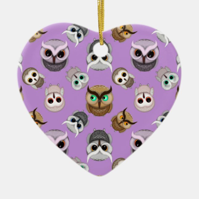Cute Owl Illustration Pattern on Purple Background Ceramic Ornament (Front)