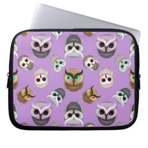 Cute Owl Illustration Pattern on Purple Background Laptop Sleeve