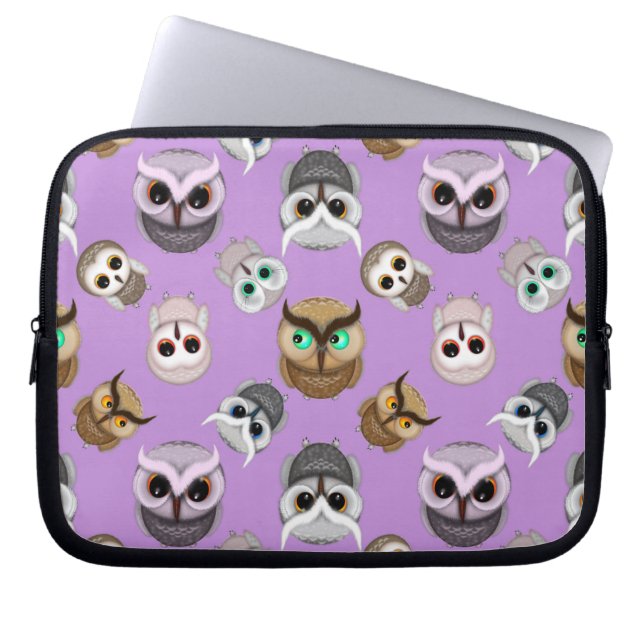Cute Owl Illustration Pattern on Purple Background Laptop Sleeve (Front)