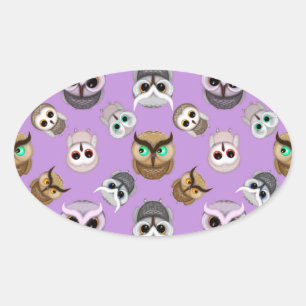 Cute Owl Illustration Pattern on Purple Background Oval Sticker
