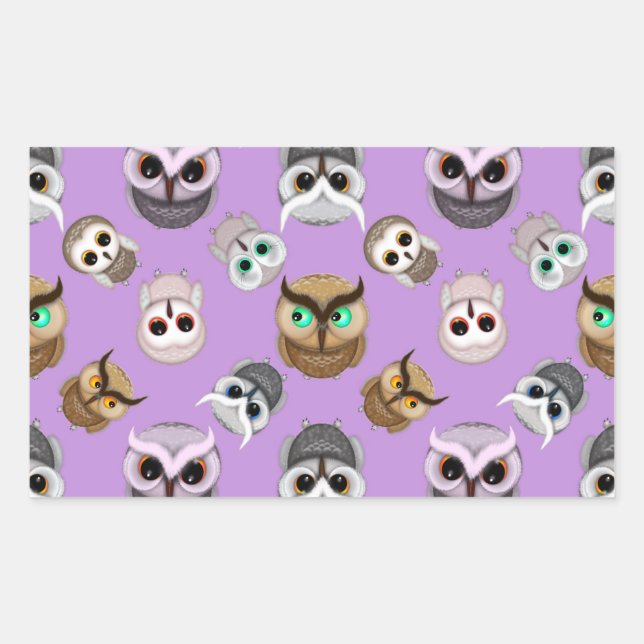 Cute Owl Illustration Pattern on Purple Background Rectangular Sticker (Front)