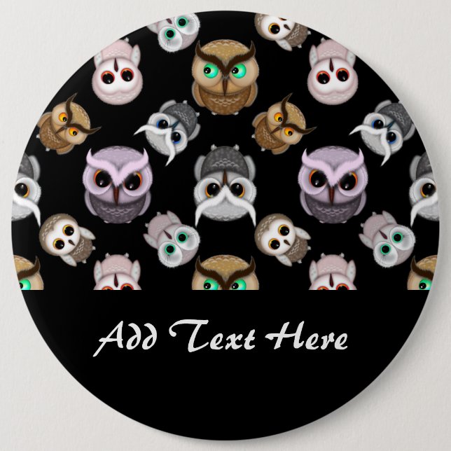 Cute Owl Illustrations over Black Background 6 Cm Round Badge (Front)