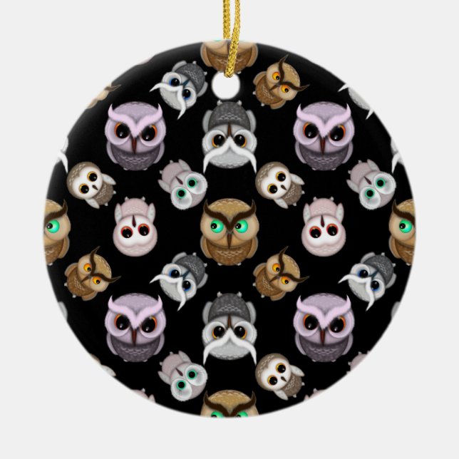 Cute Owl Illustrations over Black Background Ceramic Ornament (Front)