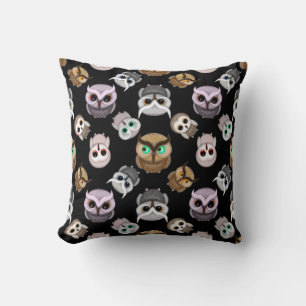 Cute Owl Illustrations over Black Background Cushion
