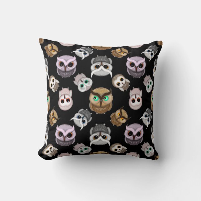 Cute Owl Illustrations over Black Background Cushion (Front)