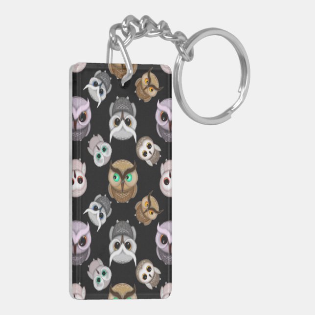 Cute Owl Illustrations over Black Background Key Ring (Back Left)