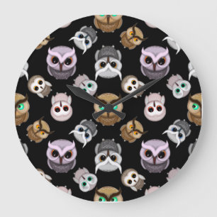 Cute Owl Illustrations over Black Background Large Clock