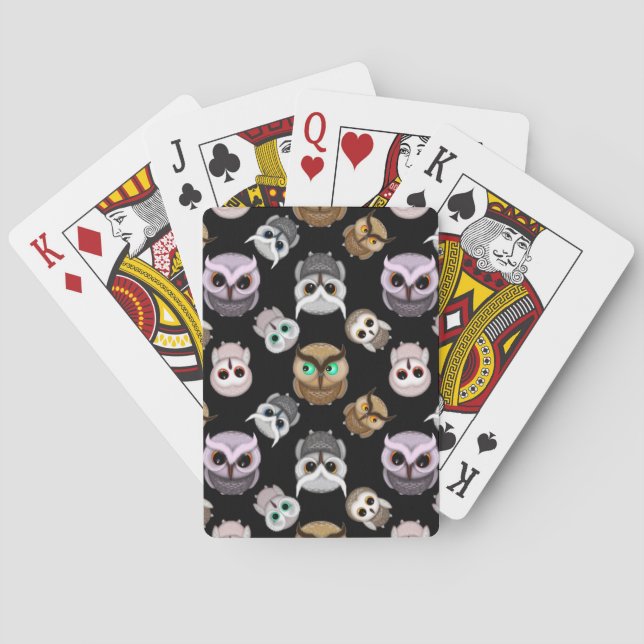 Cute Owl Illustrations over Black Background Playing Cards (Back)