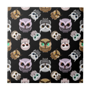 Cute Owl Illustrations over Black Background Tile