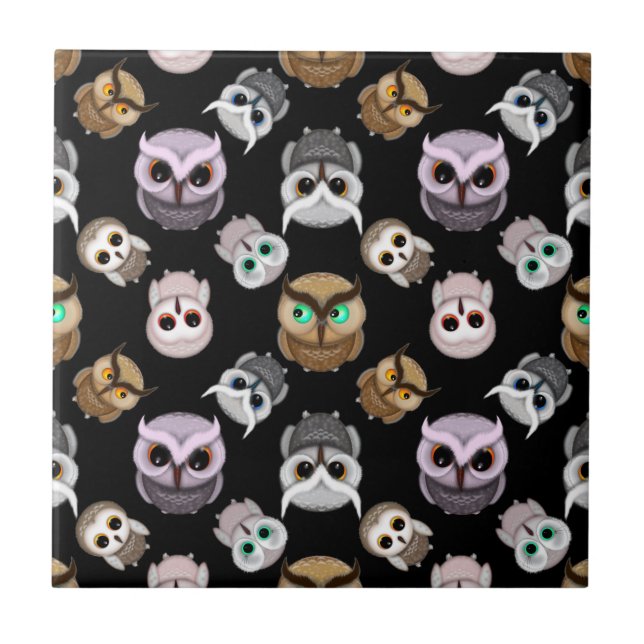 Cute Owl Illustrations over Black Background Tile (Front)