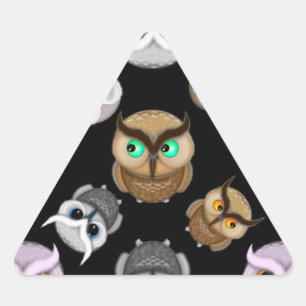 Cute Owl Illustrations over Black Background Triangle Sticker