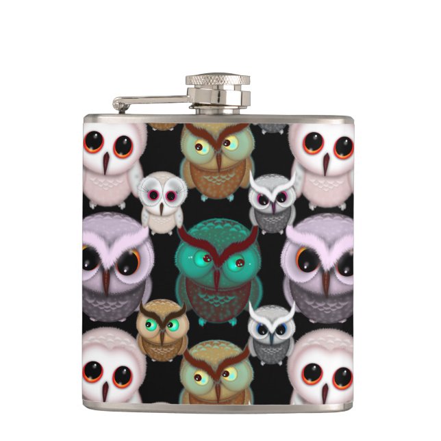 Cute Owl Illustrations Pattern Hip Flask (Front)