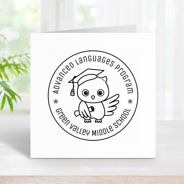Cute Owl in a Graduation Hat Round Text Rubber Stamp (Creator Uploaded)