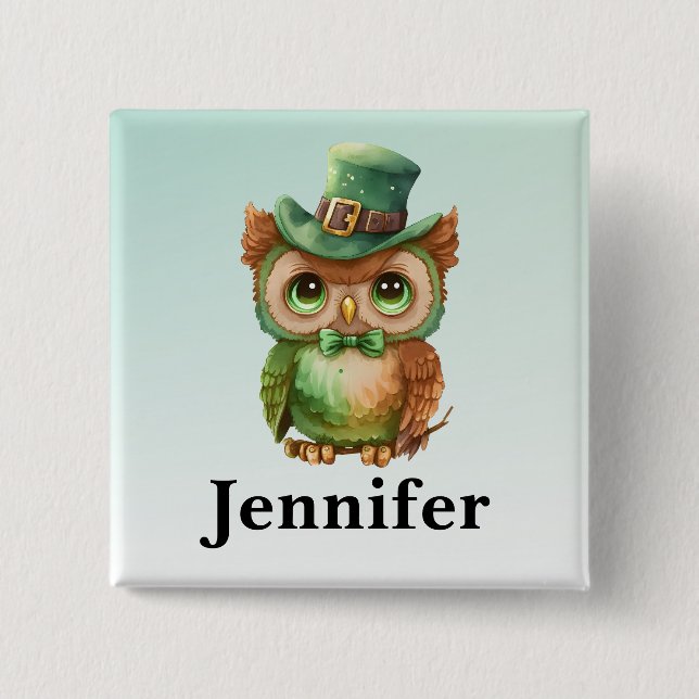 Cute Owl in a Green Top Hat 15 Cm Square Badge (Front)