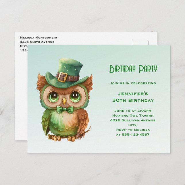 Cute Owl in a Green Top Hat Birthday Invitation Postcard (Front/Back)