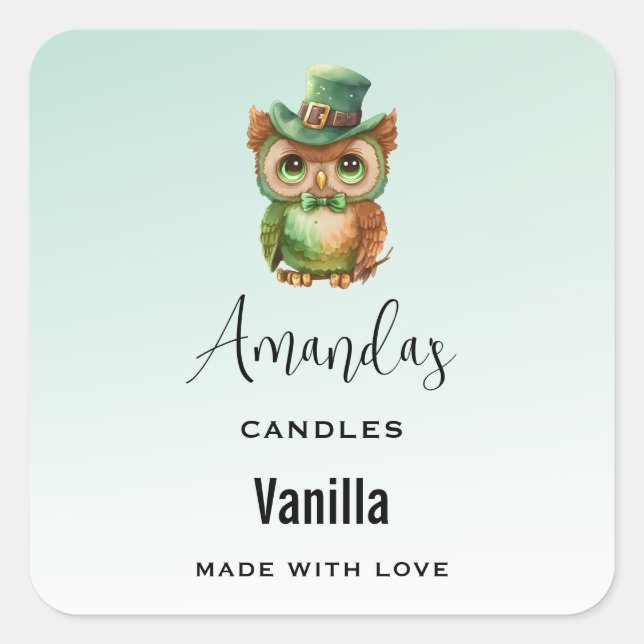 Cute Owl in a Green Top Hat Business Square Sticker (Front)