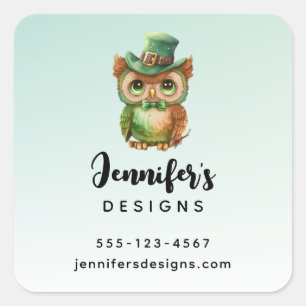 Cute Owl in a Green Top Hat Business Square Sticker