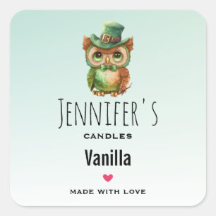 Cute Owl in a Green Top Hat Candle Business Square Sticker