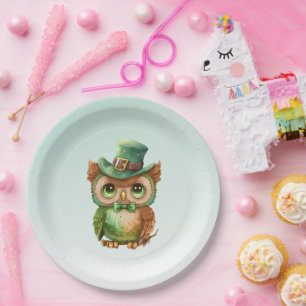 Cute Owl in a Green Top Hat Paper Plate