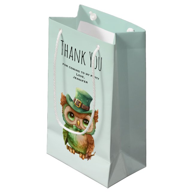 Cute Owl in a Green Top Hat Party Thank You Small Gift Bag (Front Angled)