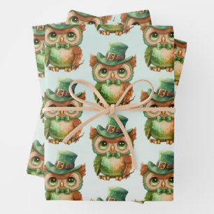 Cute Owl in a Green Top Hat Pattern Wrapping Paper Sheet