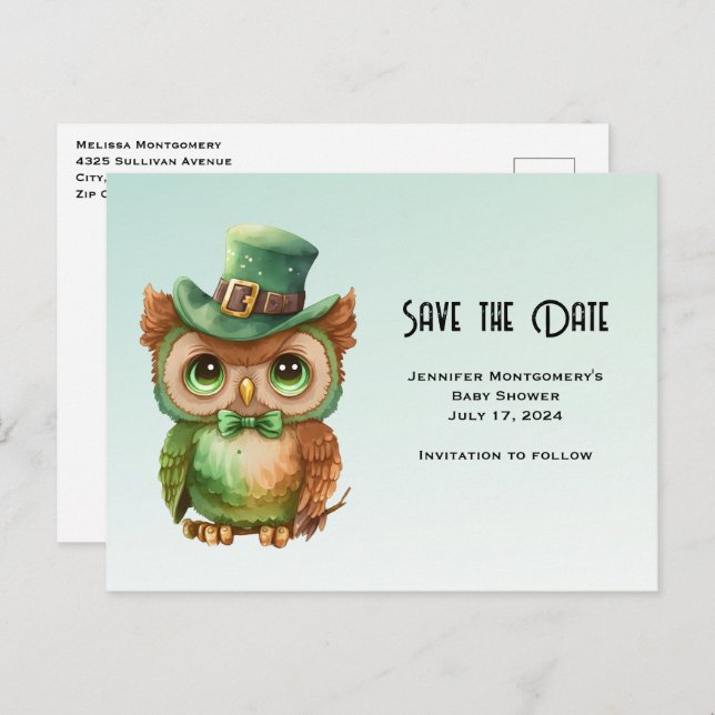 Cute Owl in a Green Top Hat Save the Date Invitation Postcard (Front/Back)