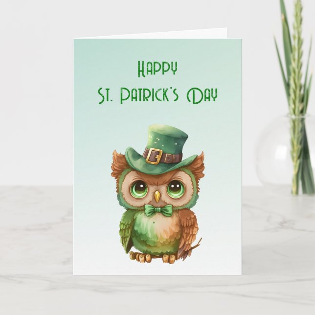 Cute Owl in a Green Top Hat St. Patrick's Day Card (Front)