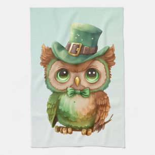 Cute Owl in a Green Top Hat Tea Towel