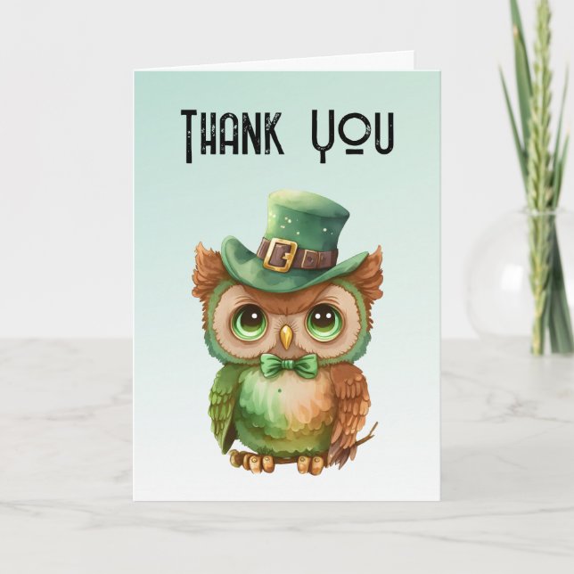 Cute Owl in a Green Top Hat Thank You Card (Front)
