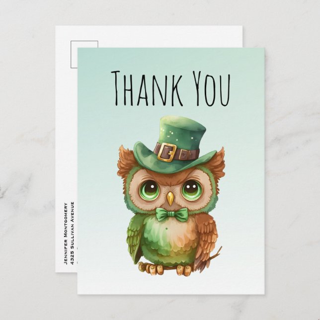 Cute Owl in a Green Top Hat Thank You Postcard (Front/Back)