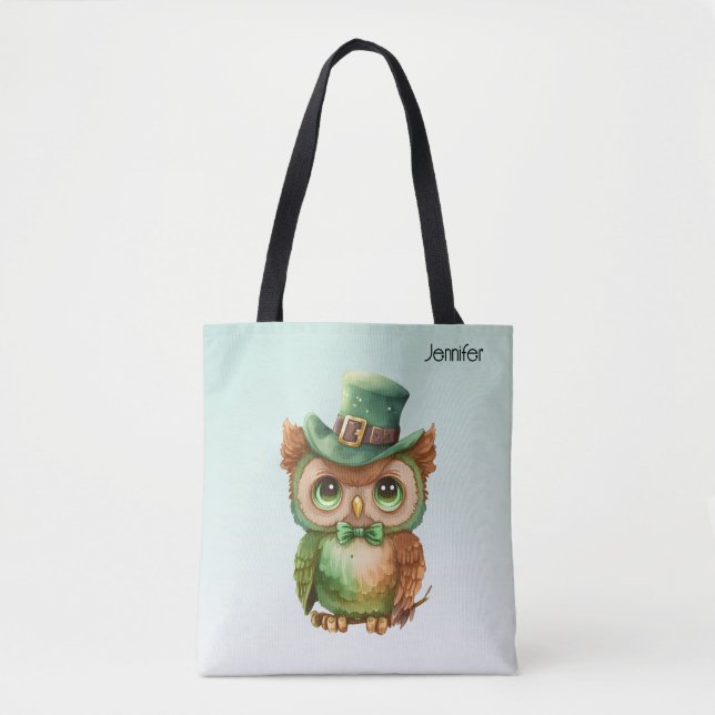 Cute Owl in a Green Top Hat Tote Bag (Front)