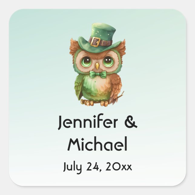  Cute Owl in a Green Top Hat Wedding Date Square Sticker (Front)