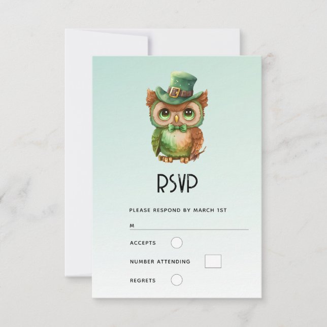 Cute Owl in a Green Top Hat Wedding RSVP Card (Front)