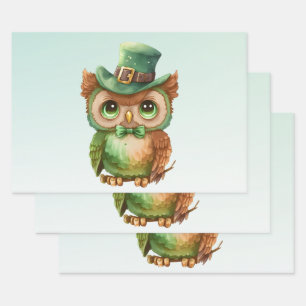Cute Owl in a Green Top Hat Wrapping Paper Sheet