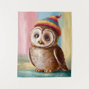 Cute Owl in Colourful Beanie Tapestry
