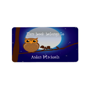 Cute owl in tree a blue night with moon bookplate label